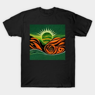 Bold, dramatic image of a green sun rising up from between orange and black mountains. T-Shirt